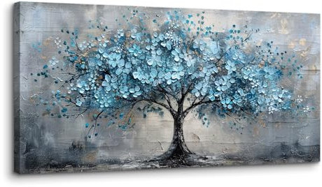 MHARTK66 Blauer Blumen Baum Leinwand Bilder, 50x100 cm Groß Wandbilder Wohnzimmer Abstrakte Baum Landschaft Bild Aesthetic, Modern Wanddeko Kunstdruck Schlafzimmer Badezimmer Büro Esszimmer Küche
