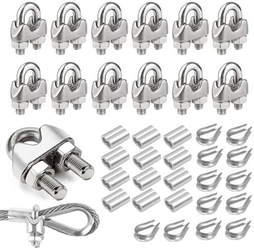 RXKFIGX 36 Pezzi Morsetti Cavo Acciaio, a Forma di U Morsetti M3 Morsetti Serracavo in Acciaio Inox Morsetto per Fune Metallica 3 mm 12 Fune Metallica Ditale per Fune da Giardino Stendibiancheria