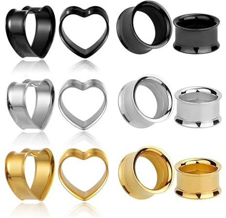 GUSXPPD 6 Paar Edelstahl Ohr Tunnel Set, Stahl Flesh Tunnel, Edelstahl Flesh Tunnel Set mit Schraubverschluss, Flesh Tunnel aus Edelstahl, Double Flared Plug Herz Edelstahl für Frauen Männer (10MM)
