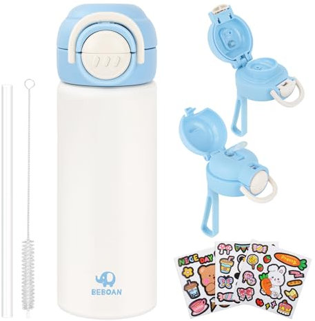 BEBOAN 550ml/18.6oz Kids Stainless Steel Insulated Water Bottle with Straw, Blue Metal Water Bottle for Kid, Double-Walled Thermal Bottle BPA-Free, Flip up Child's Flask for Boys with 3 Cute Stickers