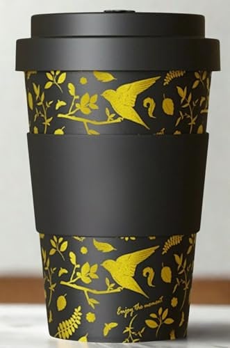 Reusable Coffee Cup | Friendly Coffee Travel Mug with Sleeve | Screw-able Lid | 410ml Hot & Cold Drinks | Leakproof Silicone Stopper | Black & Gold