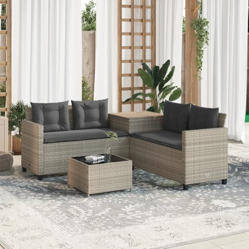 IKAYAA Polyrattan Gartenlounge, Balkon Lounge, Ecklounge mit Stauraum, Ecksofa Lounge Möbel, Gartenmöbel Set mit einem Beistelltisch Outdoor, inkl.Sitz- und Rückenkissen - Hellgrau