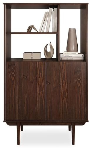 IDIMEX Mueble alto Simona con estante abierto de madera maciza de nogal – Cómoda de salón con 3 compartimentos abiertos y 2 puertas – Estantería con puertas – Armario retro de madera