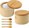 2 Salero para Cocina Bambú, Wood Salt Cellar Bowl Box, Recipiente para Sal de Cocina, Wooden Salt Box, con Tapa Giratoria & Cuchara, para Sal, Especias (9 x 9 x 7 cm)