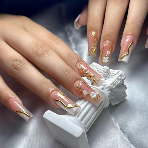 MouyouGlow Press on Nails Lang,Square Weiß French 3D Gänseblümchen Blumen Floral Gold Striped Design Fake Nails with Nail Glue,White French Flowers Y2K INS Pearl Künstliche Fingernails