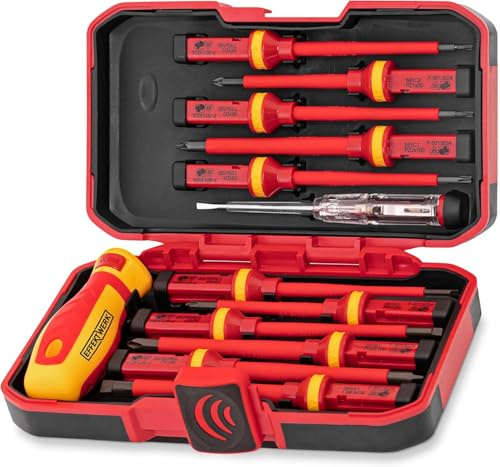 Effektwerk - 13-teiliges Elektriker-Schraubendreher-Set - 4 Schlitz-, 3 Torx-, 2 PoziDriv-, 2 Phillips-Schraubendreher mit Spannungsprüfer - 1000V isoliert und VDE-geprüft mit Magnetspitzen