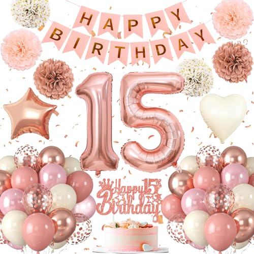 15.Geburtstag Dekoration,15 geburtstag Mädchen Rosa Rosegold,Geburtstagsdeko 15.,Luftballons 15.geburtstag Happy Birthday Girland Ballon 15 Deko zum Geburtstags,Geburtstagsdeko 15Jahr