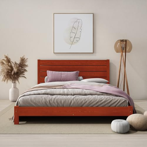 Nodax Super King Bed Frame – F15 Solid Pine Japanese-Inspired Low Wooden Bed Frame, Eco Colour Woodstain Option, Slatted Base with Extra Four Supportive Legs, Bedroom Furniture | 6ft (Wine)