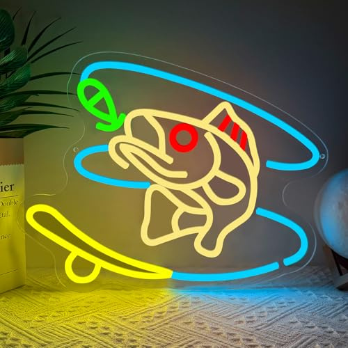 Peche Enseigne Lumineuse,Poisson Neon LED Décoration pour Chambre à Coucher Club Party Fête Pub Boutique Restaurant,Fishing Dimmable Neon Mural Cadeau pour Pecheur Homme Femme USB Powered（13.8*10.6）