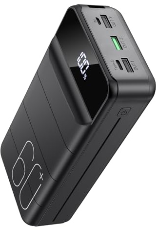 PDBEST Batterie Externe 60000mAh, Charge Rapide 22,5 W USB-C Power Bank | Lampe Torche Intégrée, 4 Sorties, 2 Entrées, Écran LED, Essentiels de Voyage, Grande Capacité pour iPhone et Android Noir