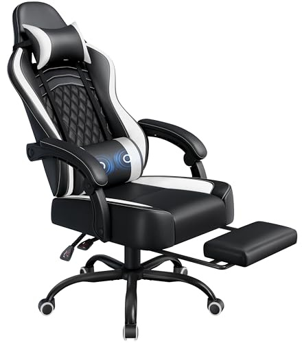 Yaheetech Gaming Stuhl Massage, Ergonomischer Gaming-Stuhl mit Massagefunktion & Ausziehbarer Fußstütze, Verstellbare Rückenlehne, Höhenverstellbar, PC-Stuhl Computerstuhl Drehsessel (Schwarz & Weiß)