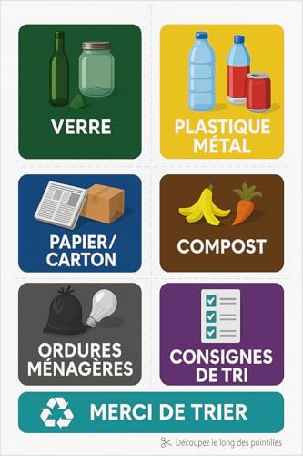 X'trem Autocollants Tri Sélectif A4, 7 Étiquettes Résistantes Vinyle Waterproof Anti-UV pour Bacs et Poubelles stikers stickers