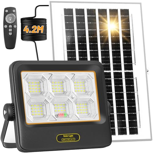 Projecteur Solaire LED d’extérieur 200W avec Panneau Solaire, IP67 Lampe Solaire exterieur avec Télécommande,4.2M Câble,pour Jardin,Garage