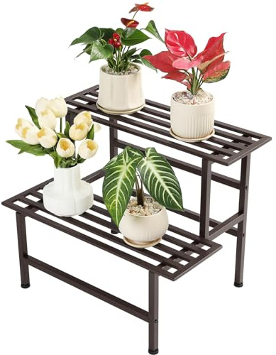 Zoapion 2 Tier Metal Plant Stand Outdoor Indoor,Ladder Plant Shelf,Coffee | Weight Capacity 240 lbs Heavy Duty,26L x 20.25H x 17.75W,Rock-Solid Stability,Adjustable Feet