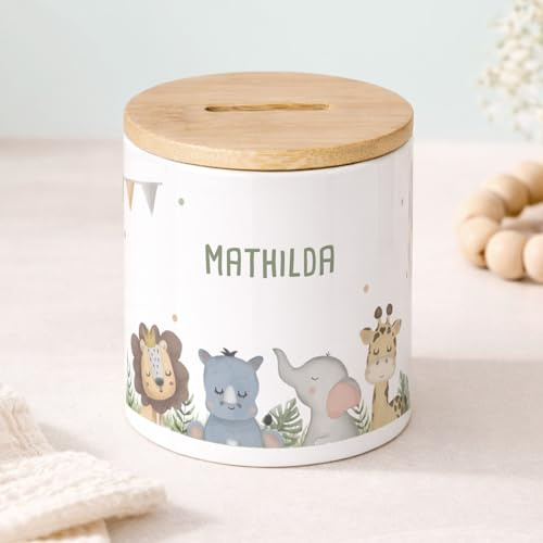 hellomini Personalisierte Spardose für Kinder, Keramik Spardose mit Bambus-Deckel u. Wunschdruck, Runde Sparbüchse, Geschenk zum Geburtstag, (Safari)
