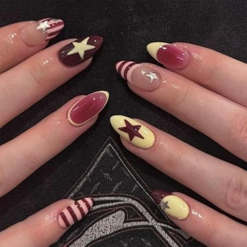 Glamoreal Medium Almond-Shaped Press-On Nails – Cute Striped Y2K-Style Nails, 24 Pieces, Full Cover Stick-On Nails