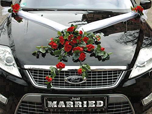 Autoschmuck Spitze STRAUß Auto Schmuck Braut Paar Rose Deko Dekoration Hochzeit Car Auto Wedding Deko PKW (Rot)
