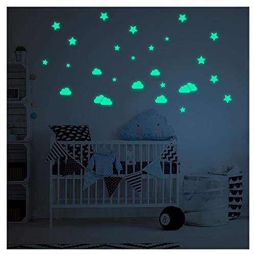 Aufkleber, phosphoreszierend, Wolken und Sterne, selbstklebend, fluoreszierend und leuchtend, bis zu 5 Stunden Laufzeit, Dekoration für Baby- und Kinderzimmer, 9 Wolken und 18 Sterne