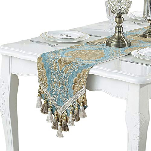 Bettery Home Stickerei Luxus Tischl?Ufer Jacquard Stoff Tischl?Ufer mit Multi-Quasten f¨¹r Esszimmer Ankleider Hochzeit Party Dekorationen, 33cm x 180cm, blau
