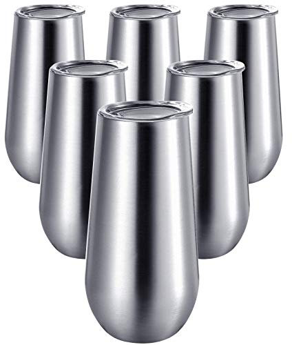 Lot de 6 flûtes à champagne sans pied à double isolation avec couvercles, 177 mL, en acier inoxydable incassable, tasses à café, verres à vin 6 Silver