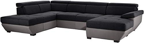 Mivano Wohnlandschaft Speedway, Modernes U-Form-Schlafsofa mit Stauraum und verstellbaren Kopfstützen, 332 x 79 x 222, Zweifarbiger Bezug, Schwarz/Grau