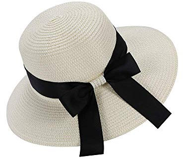 Moxamo Damen Sommer-Strohhut, Sonnenhut, UV-Schutz, Strandkappe, faltbares Visier, Schlapphut, breite Krempe mit Riemen, mit Schleife (Weiß)