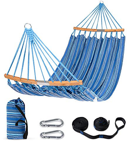 SUNCREAT Hammocks Double Hammock with Curved Spreader Bar, Outdoor Portable Hammock with Carrying Bag & Tree Straps for Bedroom, Patio, Backyard, Balcony, Max 450lbs Capacity, Blue