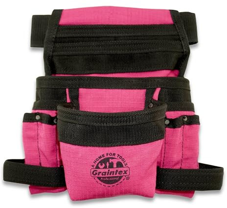 Graintex 10 Pocket Finisher Canvas Tool Pouch | Pink | 2' Webbing Belt | Multipurpose Durable Canvas Tool Bag with Balt | Electrician Tools, Plumbers Carpenters, Garden Belt, DIY, Drywallers