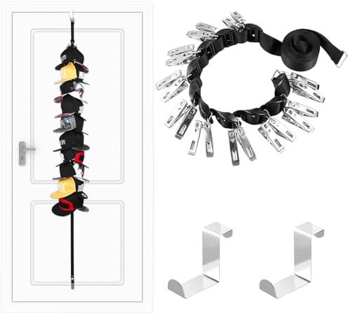 QUMENEY Adjustable Door Hat Display Rack Cap Holder Rack Organizer Over the Door Baseball Cap Organiser Hanging Cap Keeper with 20 Clip for Home Closet and Travel