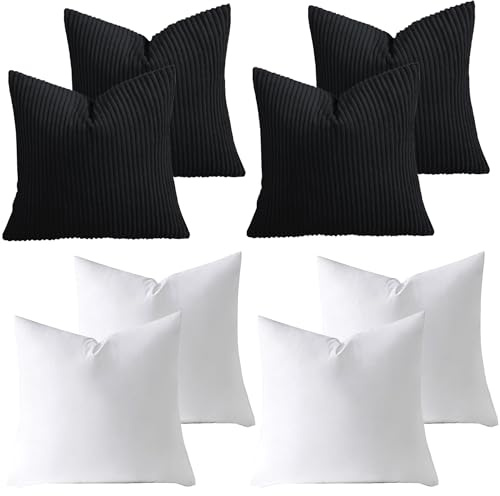 AMEHA Stripe Black Cushions with Covers included 45 x 45 cm Pack of 4 (4 Covers, 4 Inserts) Decorative Square Throw Pillowcases for Couch Bedroom Sofa with Invisible Zipper 18x18 inches