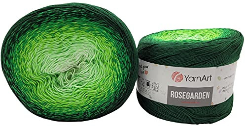 YarnArt Rosegarden, 500 Gramm Bobbel Wolle Farbverlauf, 100% Baumwolle, Bobble Strickwolle Mehrfarbig (grün weiss 319)