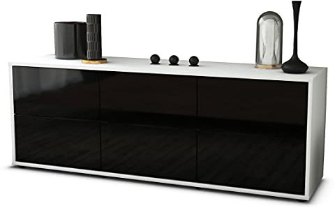 Stil.Zeit TV Schrank Lowboard, Akamai, Korpus Weiss matt, Front Hochglanz Design Schwarz, (135x49x35cm), Push to Open Technik & Leichtlaufschienen