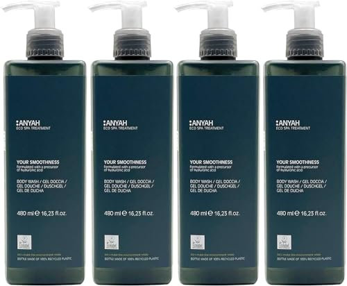 ANYAH Duschgel 4x480ml – Intensiv Feuchtigkeitsspendend für Trockene und Empfindliche Haut, Vegane Formel, Nordic Ecolabel Zertifiziert, 100% Recycled Plastikflaschen, Eco-Friendly, Nicht Nachfüllbar