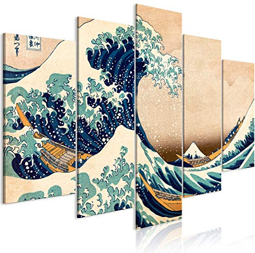 murando - Tableau Acoustique Oriental 225x112,5 cm 5 Parties - Décoration Isolation Bureau Chambre Panneau Insonorisant Impression sur Toile - La Grande Vague Katsushika Hokusai p-B-0009-b-m