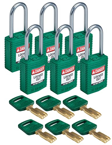 Brady (CPT-GRN-38AL-KD6PK) SafeKey Nylon Lockout-Vorhängeschloss - kompakt Mit Aluminium Bügel 38.00 mm Grün KD - Verschiedenschließende Schlösser 6 Stück