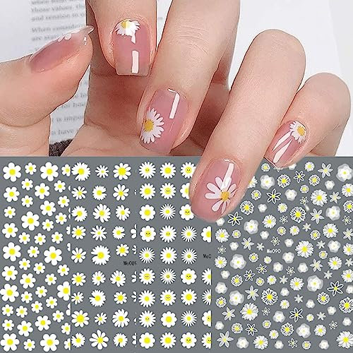 12 Sheets Spring Daisy Sunflower Nail Art Stickers Decals Self Adhesive Cute Summer White Yellow Flowers Floral Design Manicure Tips Nail Decoration for Women Girls Kids