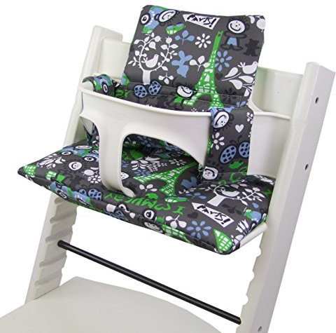 BambiniWelt Ersatzbezug Tripp Trapp – Sitzkissen-Set kompatibel, Stokke Hochstuhl, extra weich, waschbar & langlebig, 2-teiliges Kissen - Klettverschluss, Farbe: grau grün Eifelturm