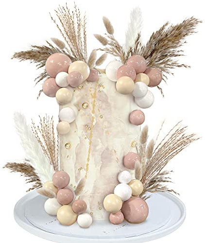 50 PCS Boho Cake Toppers Mini Balls Cake Topper Various Dried Pampas Grass Cake Decor for Boho Home Wedding Cake Decoration (White Apricot Light Brown)