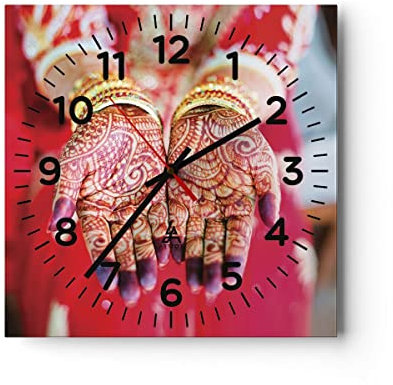 Modern Wanduhr Hände orientalisch Muster 40x40cm Quadrat Groß Wand Uhr Glas Analog Zimmeruhren Küche Büro Wohnzimmer Glasuhr Wall Clock Dekoration Design Wanddekoration Küchenuhr C4AC40x40-4848