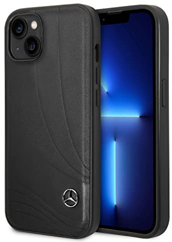 CG MOBILE Mercedes-Benz Handyhülle für iPhone 14 Plus in schwarzem Wellenmuster, Echtleder-Schutzhülle, langlebige & kratzfeste Hülle mit zugänglichen Anschlüssen, Stoßdämpfung und charakteristischem