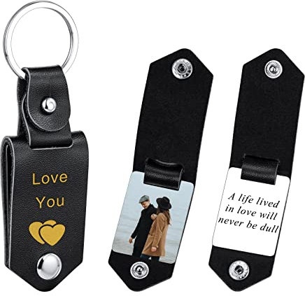 INBLUE Porte-clés en Cuir Personnalisé avec Symbole de Marquage à Chaud Texte Photo Porte-clés D'anniversaire Personnalisé pour Homme Papa Mari Petit Ami (Cuir noir et Image colorée)