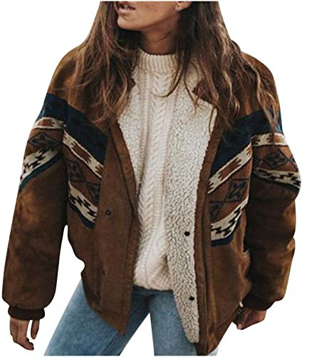 RKaixuni Damen Westernjacke, Azteken-Sherpa-Jacke, Winter, warm, lässig, Reißverschluss, langärmelig, Bomberjacke, Vintage-Fleece-Oberbekleidung, braun, M