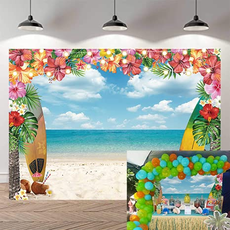 Sommer-Hawaii-Strandparty-Hintergrund, Aloha-Party, Foto-Hintergrund, tropische Blumen, Palmen, blauer Himmel, Ozean, Dekoration, Banner, Babyparty-Zubehör, 2,4 x 1,8 m