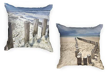 Ulticool - Kissenhülle - Strand Küste Niederlande - Set von 2 Motiven Outdoor Kissen - Wasserfest - 2 Gartenkissen Draussen Ohne Füllung – 45x45 cm – Kissenbezug für den Garten - Blau Weiss