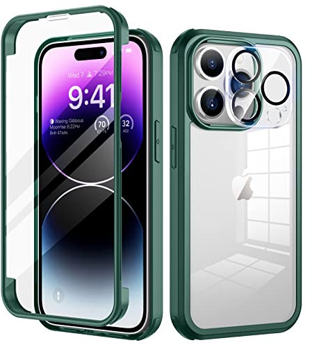 seacosmo for iPhone 14 Pro Max Case 6.7 Inch, Full-Body Shockproof Case with Built-in Glass Screen Protector and Camera Lens Protector Rubber Bumper Case Cover for iPhone 14 Pro Max 2022- Green/Clear
