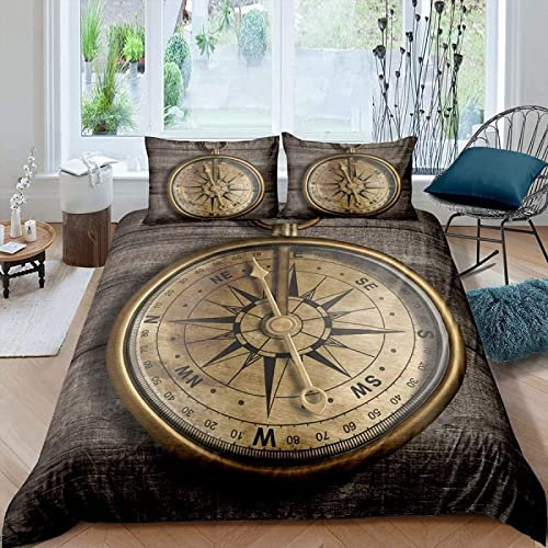 3D Retro Kompass Bettwäsche 155x220 Maritim Muster Weiche Microfaser Bettwäsche-Sets Erwachsener Teenager Bettbezug mit Reißverschluss und 2 Kissenbezug 80x80 cm