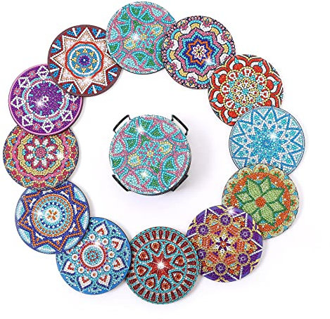 12 Stück Diamond Painting Untersetzer mit Halter, Diamond Painting Erwachsene, Wiederverwendbare DIY Mandala Tassenuntersetzer mit Diamanten und Montagewerkzeuge fur Tassen,Vasen, Kerzen Dekoratio