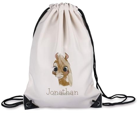 timalo® Kinder Turnbeutel personalisiert mit Namen | Sportbeutel bedruckt | süße Tiermotive | Kindergarten Stoffbeutel Geschenke Mädchen Jungen | 49- Pferd