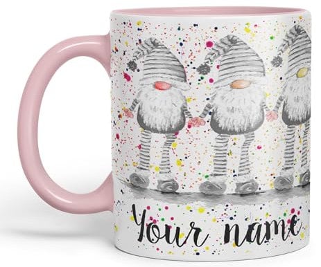 Vixar Personalised with Your Text Gonk Grey Rainbow noses Watercolour Art Coloured Ceramic Mug Cup Gift 330ml 11oz Custom Work Office Tea Coffee (Pink)