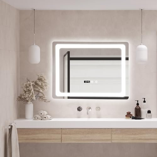 pro.tec Espejo de Pared Casoli con LED Espejo Inteligente para Baño Reloj Interruptor Táctil Horizontal 3 Opciones de Temperatura de Luz Blanca Aluminio + Cristal 60 x 80 x 3,5 cm - Plateado